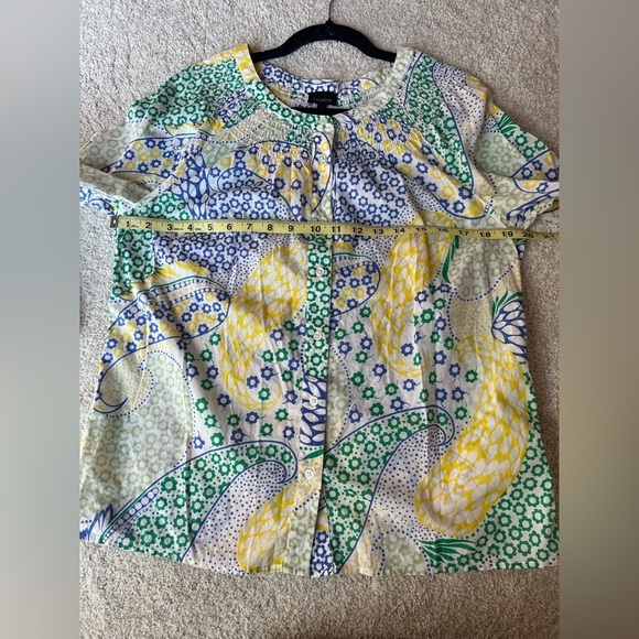 Talbots Womens Green Blue Paisley Blouse Medium Cottagecore Eyelet Summer Vibe - Picture 11 of 12